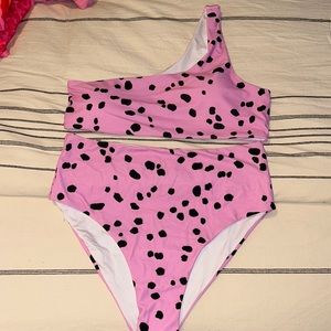 Pink and black high waisted one shoulder bikini